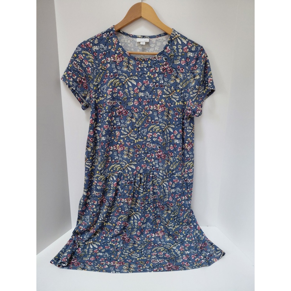 J. Jill Blue Floral Short Sleeve Knit Shift Dress Petite Medium PM